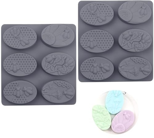 Bustlwor Paquet de 2 Moule Silicone Ovale 6 Cavités, Nid D'abeille Moules Savon Silicone, Bonbons faits maison, noix, moules à gâteaux en gelée(Gris)