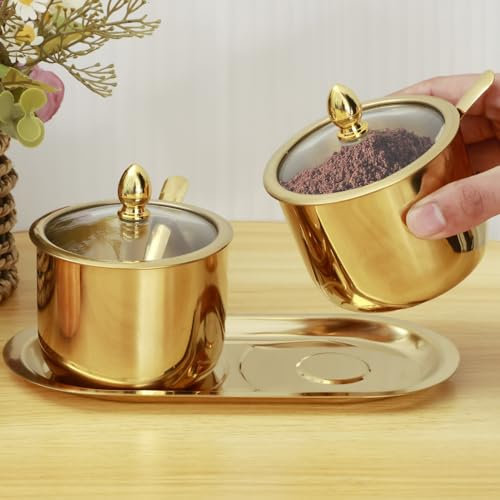 Set of 2 Sugar Bowl Kit Stainless Steel Sugar Jar with Glass Lid Spoon and Tray Rustproof Seasoning Box Round Condiment Pots Shiny Sugar Container Kitchen Spice Container for Salt Candy(Golden)