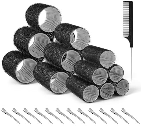 Romon Lockenwickler Locken Set, 31 Stück Schwarze Lockenwickler Set, Selbsthaftend Hair Rollers 40mm 30mm 20mm mit 12 Stücke Haarspangen Groß Hitzefreie Haarwickler für Lange Medoum und Kurze Haare