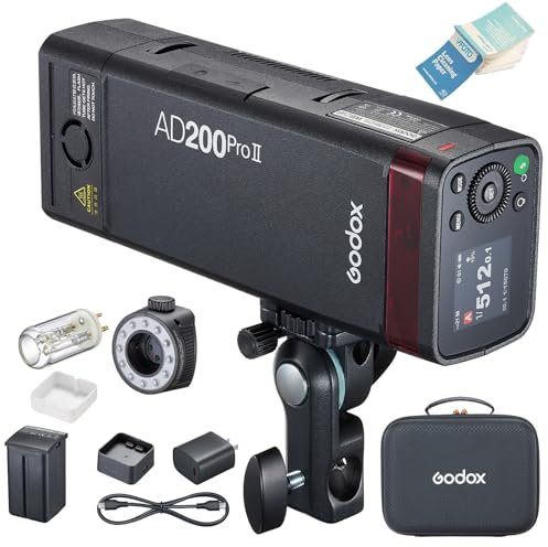 Godox AD200 Pro II godox AD200Pro II Godox AD200ProII, One-Tap Sync mit X3, Optimierte Blitzköpfe, Bicolor LED Modelling Led, Farbgruppenanzeige, Verstellbar von 1/512 auf Full Power (1/1)