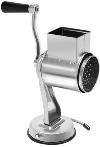 Rotary Cheese Grater with Handle, Vegetable Slicer Cutter, Stainless Steel Nut Chopper Slicer with 5 Well-designed Blades for home kitchens, cafeterias, restaurants, hotels.