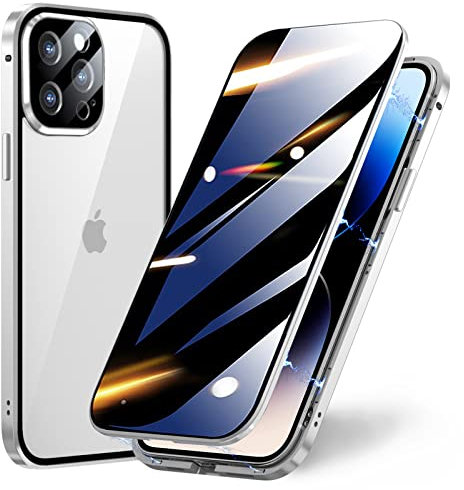 TOPF&B Case for iPhone 14 Pro Max Privacy Magnetic Cover,Privacy Screen Protector Built-in Tempered Glass and Camera Protector,360 Degree Metal Bumper Case for iPhone 14 Pro Max,Silver