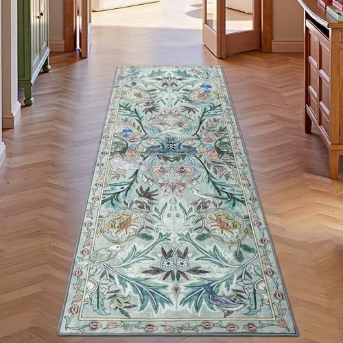 Tapis de Couloir TUKDAK 60x180 cm, Bleu Floral, Antidérapant, Doux, Bohème, Vintage Oiseau, Lavable en Machine, Pour Salle de Bain, Entrée, Salon, Chambre