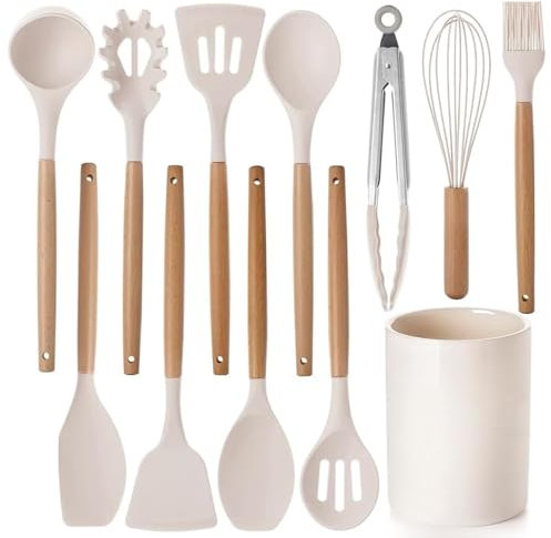 Set di 12 utensili da cucina in silicone con manici in legno, resistenti al calore, antiaderenti, con pinze, spatola, cucchiai e secchio, lavabili in lavastoviglie, per casa e campeggio (12, beige)