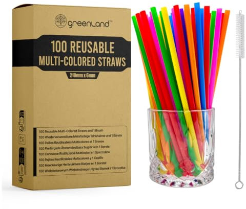 Greenland Confezione da 100 Cannucce Riutilizzabili Multicolore con Scovolino – 21 cm di Lunghezza, 6 mm di Diametro – Perfette per Cocktail, Latte, Succhi, Tè