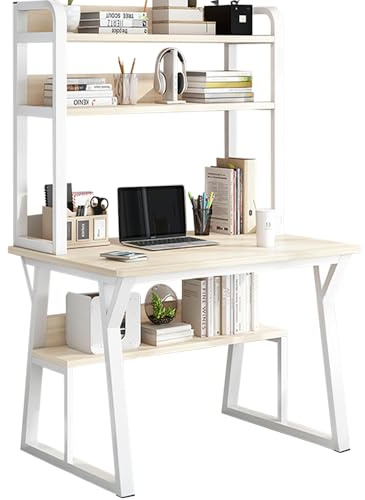 80 x 50 cm, Scrivania per Computer a 4 Livelli, con Vano Portaoggetti, con Libreria, Tavolo per Ufficio, Studio, Camera da Letto, Bianco e Beige Chiaro