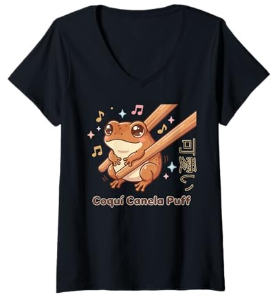 Mujer Lindo Palillo Kawaii Coquí Canela Puff Coquí Rana Meme Camiseta Cuello V