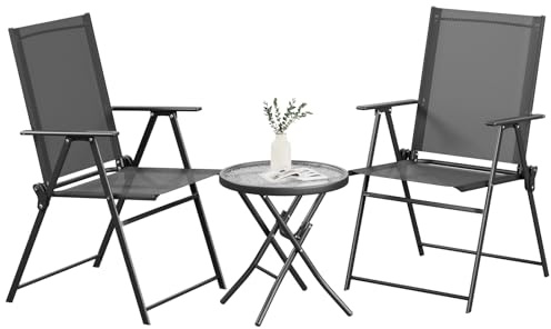 LIFERUN Conjunto Jardín Exterior 3 Piezas,Muebles de Balcón para 2 Personas | con 2 sillas plegables y 1 mesa de vidrio plegable, Muebles de Jardín, Anti-UV, para Patio Balcón, Terraza, Negro