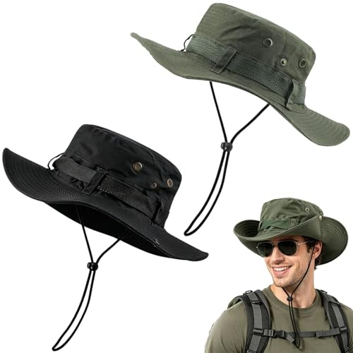 DOINEUFL 2 Pack Sun Hats for Men, Wide Brim Safari Hat Men's Boonie Bush Hats with Adjustable String, UV Protection Summer Fishing Hiking Hat Outdoors (Black + Green)