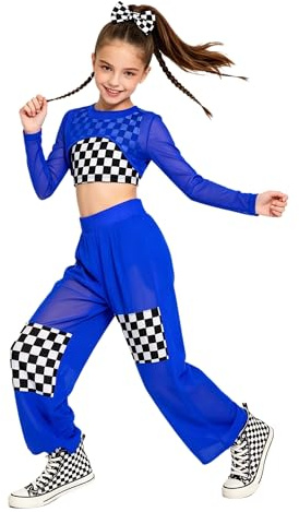 RUNQHUI Flicka danskläder hip hop racing pilotkostym för flickor cosplay kostym för flickor Damier tryck casual, Kunglig, 7-8 �r