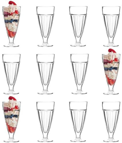 Argon Tableware Ice Cream Sundae Glasses Set of 12 Tall 350ml Milkshake Glasses Clear Dessert Cups with Footed Base Ice Cream Bowl for Milkshakes, Yoghurts