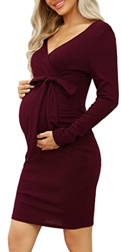 KOJOOIN Damen Umstandskleid Enge Langarm Stillkleid V-Ausschnitt Schwangere Kleider Mutterschaft Schwangerschaft Knielanges Partykleid mit Gürtel (Verpackung MEHRWEG), A-Weinrot, L
