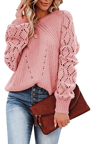 Dokotoo Maglione Donna Invernale Maglia Girocollo a Maniche Lunghe Maglioncino Elegante Pullover, Rosa, M