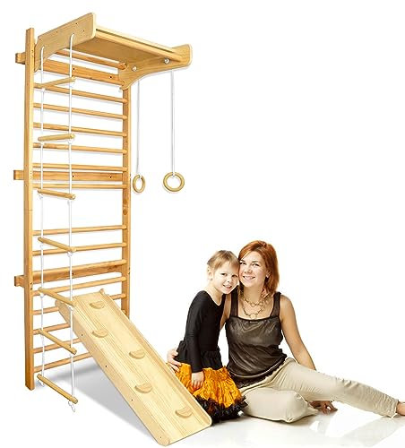 SUBTLETY Freistehende Kletterwände für Kinder 5-in-1 Holz Klettergerüst Indoor Sprossenwand inkl. Turnringe Holzplanke Kletterseil & Rutsche Heimsportgerät Lernspielzeug Tragfähigkeit bis 100KG