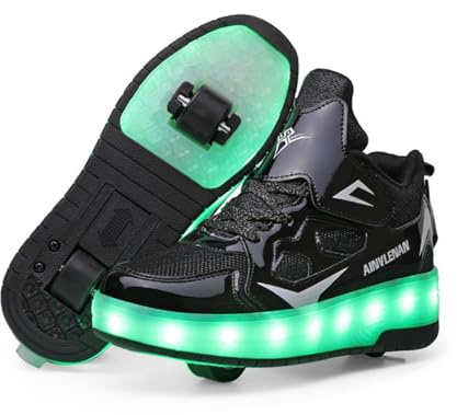 Scarpe da Ginnastica per Bambini, Scarpe da Skateboard a Due Ruote, Luce a Cambio Colore Regolabile, Ricarica USB, Universale per Ragazzi e Ragazze,Nero 38 EU.