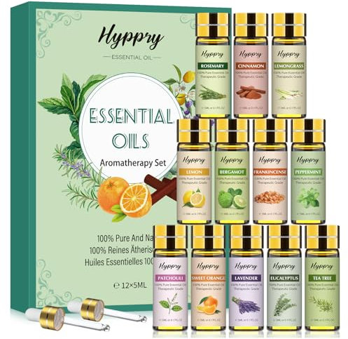 Hyppry 12 x 5ml Essential Oils for Diffuser for Home, Aromatherapy, Bath, Massage, Soap & Candle Making - Lavender, Bergamot, Lemongrass, Rosemary, Frankincense, Lemon, Patchouli, Cinnamon, etc