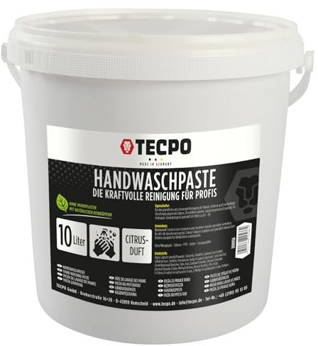 TECPO Handwaschpaste 10 Liter Handreiniger Hautpflege Reinigungspaste hautschonend Reinigung Seife gegen starke hartnäckige Verschmutzungen wie Öl, Fett, Kfz und Werkstatt