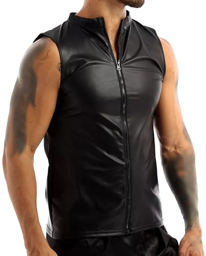 Gsywaipei Men's Shiny Leather Sleeveless Vest Zipper Motorcycle Leathers Vests Faux Leather Men Muscle Waistcoats, Black, XXL