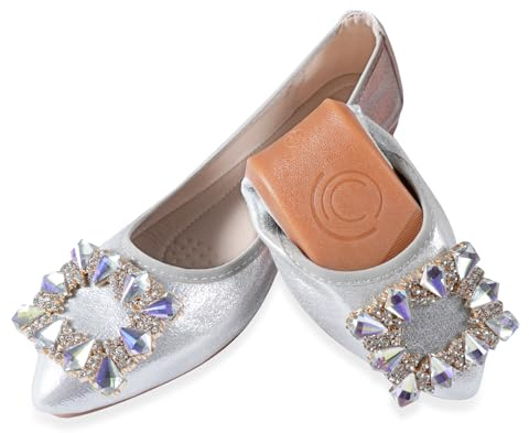YOUNIFIZ Women's Ballet Flats Soft Pointed Toe Fashion Buckle Wedding Shoes Foldable Sparkly Comfort Slip on Ballerina Walking Flats Pumps (Silver-2,Size 7.5)