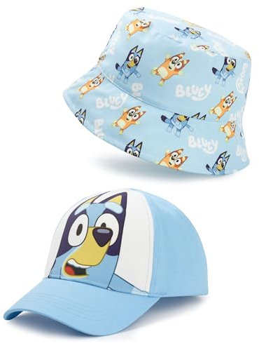 BlueY Kinder Bucket Hat & Cap Set | Bandit & Chili Charakter Allover-Print Kopfbedeckung in Blau für Jungen und Mädchen | Unisex Kinder Cap mit verstellbarem Riemen | TV-Serie Merchandise Geschenk