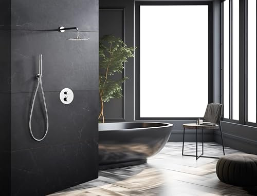 Mice - Conjunto de ducha, Kit termostatico Ducha Empotrado pared - 2 vías - griferia baño termostatico - Serie Brezzo (Cromo)