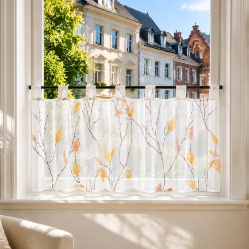 Joyswahl Voile skivgardiner, lantlig stil, vit, köksgardiner, transparent, bistrogardin med öljetter, korta butiker med blad och blommönster, orange, H x B 30 x 120 cm, 1-pack