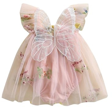 Geagodelia Infant Baby Girl Romper Dress Newborn Baby Girls' Bodysuits Sleeveless Flower 3D Butterfly Embroidery Jumpsuit Princess Dress A-Line Baptism Wedding Birthday Dress (Pink, 9-12 Months)
