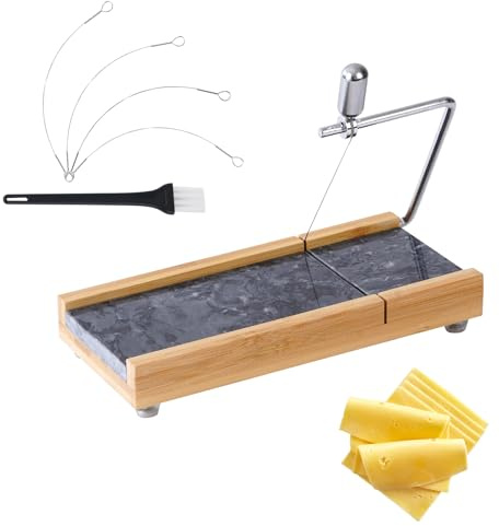 Tianman Cheese Slicer Cheese Cutter with 4 Replacement Cutting Wire,Heavy Duty 8.27x 4.4,Marble Board Cheese Slicer for Block Cheeses, Butter,Cakes and More(Black Grey)