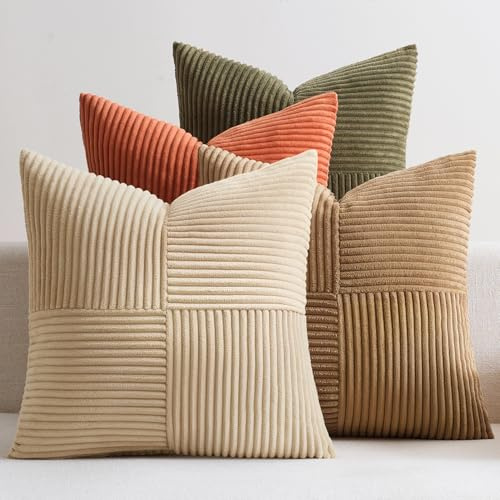 EMEMA Juego de 4 fundas de cojín de pana con diseño de patchwork, 45 x 45 cm, fundas de cojín decorativas para sofá, sillón, hogar, dormitorio, serie marrón-verde