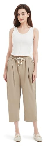GLOWELFA Pantalon Femme Été Pantacourt Fluide Léger – Coupe Large Taille Élastique avec Cordon, Confortable et Respirant Idéal Vacances Voyage Quotidien