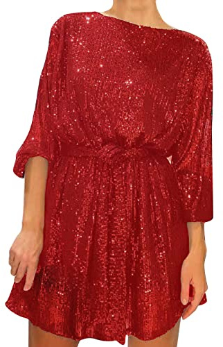 Generiska festliga klänningar för kvinnor, paljettklänning festlig cocktailklänning, långärmad paljettklänning, elegant aftonklänning, midi, glitterklänning, mode, festklänning, röd, XL