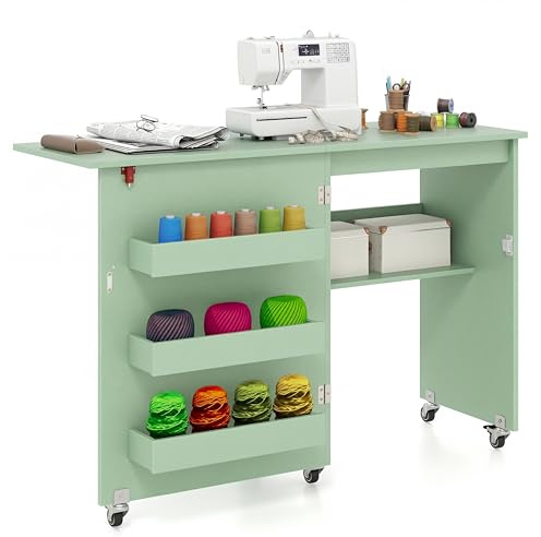 GIANTEX Tavolo da Cucito Pieghevole con Ruote, Mobile per Macchina da Cucire con 4 Ripiani Aperti e Ampio Piano di Lavoro, Ideale per Soggiorno, Camera da Letto e Sala Hobby (Verde)