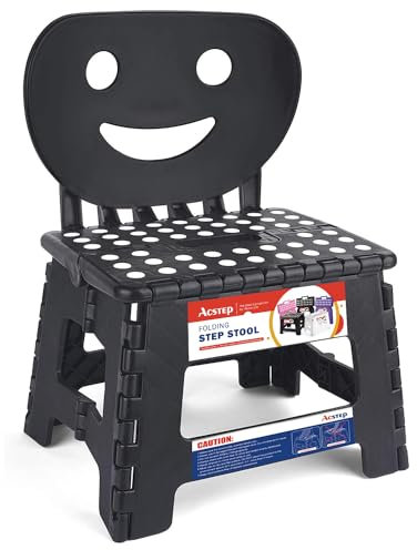 ACSTEP Folding Step Stool with Back Support for Kids,9 Kids Step Stool for Outdoor or Indoor Kitchen Step Stools and Bathroom Stool for Toddlers Boys Girls - Black