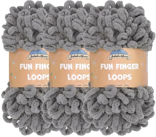 JubileeGarn med roliga fingerslingor – polyester jumbo viktögla – 100 g/skein – grå – 3 nystan