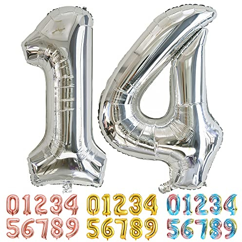 Ponmoo Foil Balloon Number 14/41 Silver, Giant Numbers 0 1 2 3 4 5 6 7 8 9 10-19 20-29 30-39 40-49 50-60-70-80-90-100, Large Balloons for Wedding Anniversary Birthday Party Decoration