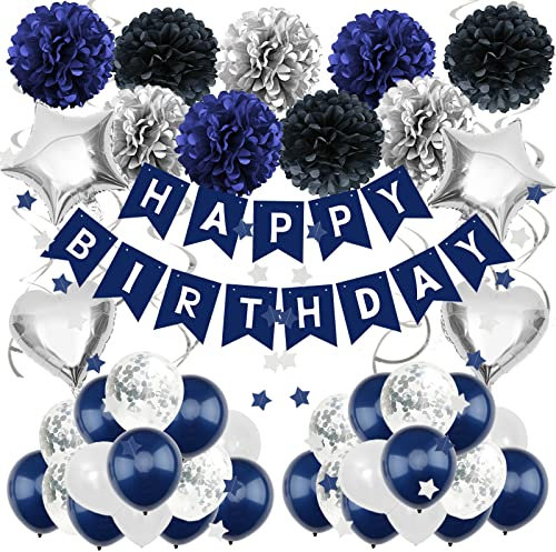 ZERODECO Geburtstagsdeko Mann, Marineblau Silber Schwarz Geburtstag Partydekoration für Männer Happy Birthday Banner mit Papier Pompons Stern Wimpel Folienballon Geburtstag für Mädchen Junge Frauen
