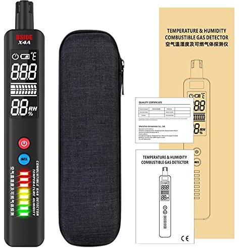 Djioyer Gasmelder, X4A Gaslecksuchgerät zur Ortung Brennbarer Gase,Tragbarer LCD Erdgasschnüffler mit Temperatur und Feuchtigkeitssensor