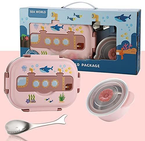 Fiambrera Térmica, Contenedor Térmico de Alimentos, con Compartimento y Cuchara, Sellada y Aislada de Acero Inoxidable Fiambrera de Dibujos Animados A Prueba de Fugas Para Niños, Adecuada(Rosa)