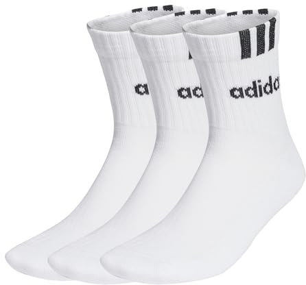 adidas Mixte 3-Stripes Linear Half-Crew Cushioned Socks 3 Pairs, White / Black, 45-48