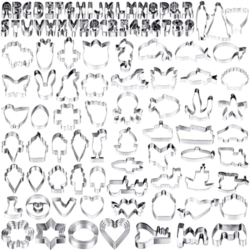 108 Pcs Metal Cookie Cutters Set Stainless Steel Biscuit Cutter Molds Include Heart Star Round Flower Vehicle Sea Creatures Alphabet Numbers Ice Cream Cone Fruit Shapes Cookie Cut Tools for Baking