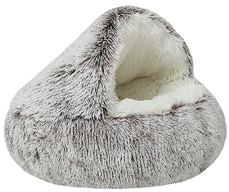 Freyamy Hundebett Katzenbett Rund Halb Geschlossener mit Kapuze Kleine Hunde und Katzen Haustierbett Waschbar rutschfest Hundebetten Lang Plüsch Verdicktes Warmes Hundekorb Farbverlauf Braun Ø60CM