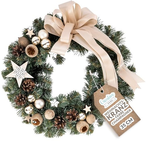 Creative Home Weihnachtskranz Champagner Türkranz Weihnachten Tannenkranz Künstlich | Durchmesser 35 cm | Adventskranz für Haustür Wand Tisch | Indoor & Outdoor | Weihnachtsdeko | Winter Deko