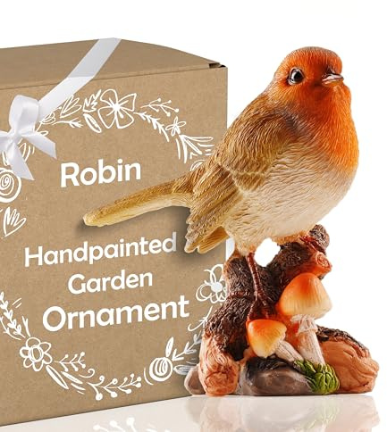 Muldale Robin Garden Ornament with Mushrooms - Lifelike Red Bird Figurine - 13cm Resin Statue - Great for Outdoor - Cute Robin Gifts