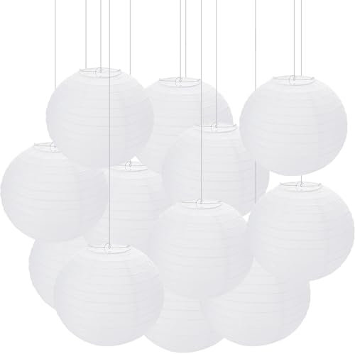 ZOFUN 20 Pcs Paper Laterns, 30 cm White Paper Lampshade with Hanging Lines, Round Ribbed Chinese Lanterns for Home Ceiling Decorations Weddings Birthdays