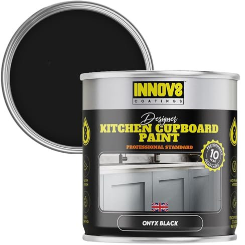 INNOV8 COATINGS DESIGNER KITCHEN CUPBOARD PAINT - DIY - NO PRIMER OR TOP COAT - SATIN Finish - 750 ml - Onyx Black - Fast Dry - CABINET, FURNITURE, WOOD, MDF, PLASTIC & METAL