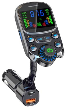 Mulcort Auto-BT-MP3-Player,Fm Transmitter Auto Bluetooth,PD+QC3.0,Auto-Ladeadapter mit 2-Zoll-OLED-Bildschirm, unterstützt U-Disk-/TF-Karten-Wiedergabe,Sprachassistent, Höhen-/Bass-Einstellung