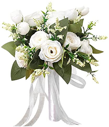 Kalastussaari Wedding Bouquets for Bride Bridesmaid, White Champagne Artificial Roses Flowers for Wedding Party Supplies Home Decor, White