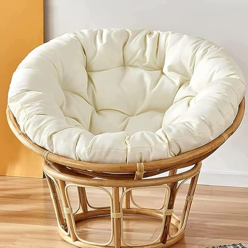 Deconation Fauteuil Papasan en Rotin Beige - Chaise pour Extérieur Ou Intérieur - Coussin Blanc Cassé - D 110 Cm X H 90 Cm