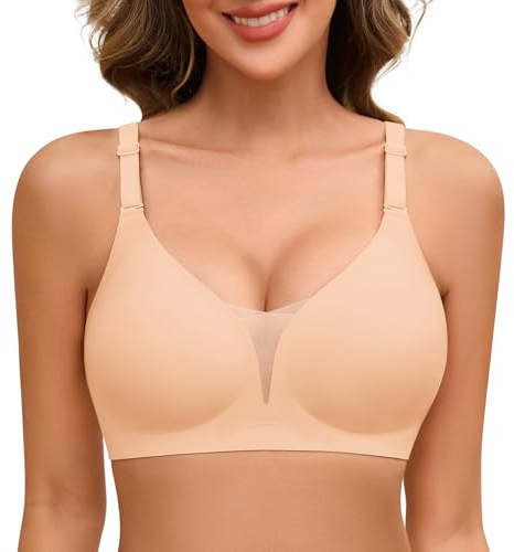 TOMEEK Donna Reggiseno Senza Ferretto Senza Cuciture Reggiseno Donna Comodo Push Up Scollo a V Pizzo Reggiseno Imbottito Bralette Cinghie Regolabili Invisibile(Colore della Pelle,L)