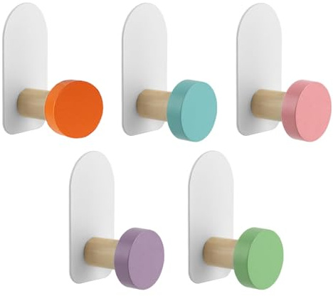 LIFTATAPA Lot de 5 crochets muraux autocollants en bois pour serviettes, vêtements, sacs à dos et chapeaux pour enfants (colorés)